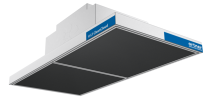  The cutout of a very narrow lying white cuboid. In the right front corner is a small blue stripe on which is written 'ortner cleanrooms unlimited'. On the bottom of the box are two square black plates next to each other.