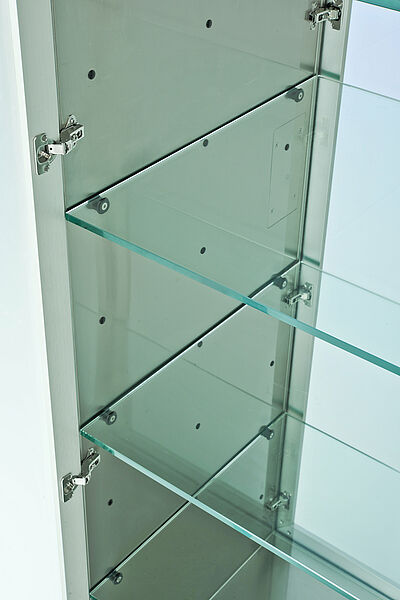 Closeup interior view of the glass shelving unit inside the Material Transfer Hatch Passive C