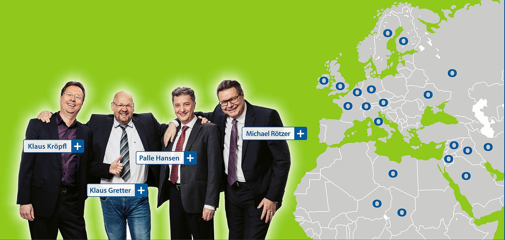 In the graphic on the left are the sales associates Klaus Kröpfl, Klaus Gretter, Palle Hansen and Michael Rötzer. To the right of them is a map of Europe, North Africa and Western Asia, where the locations of the facilities are marked with blue Ortner O’s.