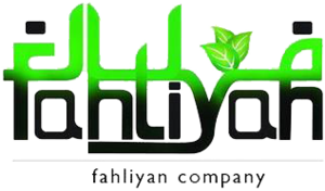 Das Logo ist grün und schwarz. Neben dem Wort "fahiyan" sind auch Blätter abgebildet. Darunter steht "fahliyan company".