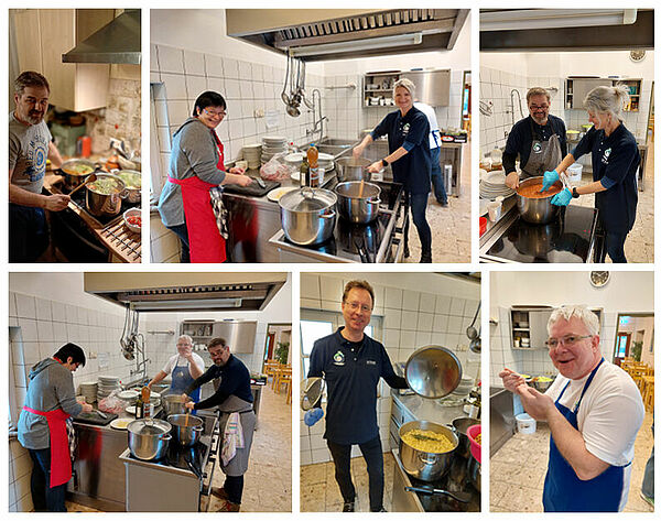 Collage of employees standing and cooking in the kitchen.