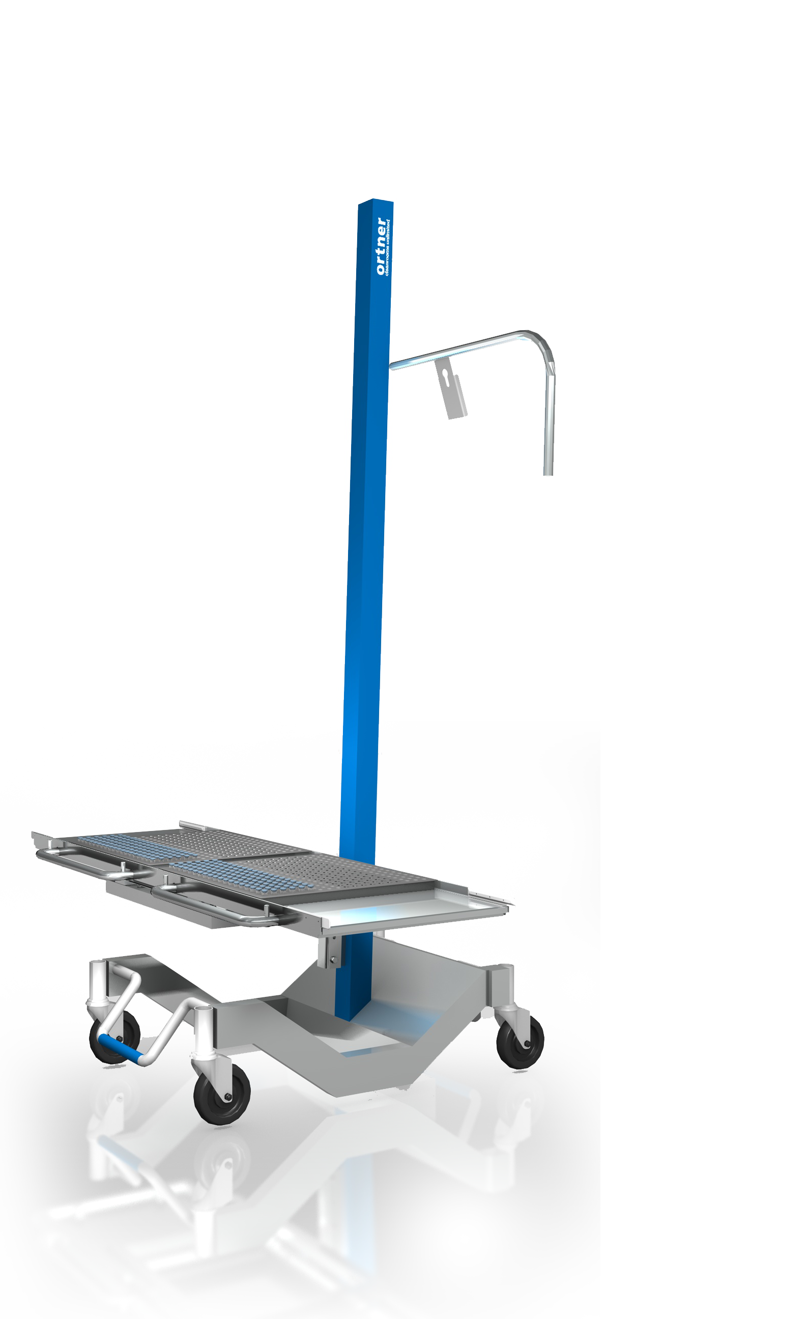 You can see the lower part of a blue bar, which is attached to a frame that is slightly bent upwards at the corners and has rollers. On the frame, which is opposite the blue bar, is a bracket that goes towards the ground. A bit above this frame is a horizontal plate attached to the bar. 